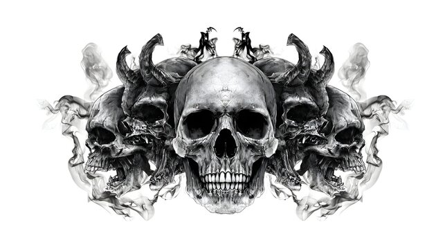 Hyper  dark fantasy tattoo design concept showcasing a detailed skull and bones central element encircled by multiple demonic visages and swirling smoke in stark black and white ink