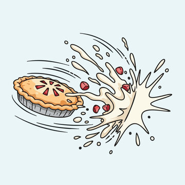 Cartoon illustration of a fruit pie hitting a surface and splattering cream and fruit pieces in a dynamic motion.