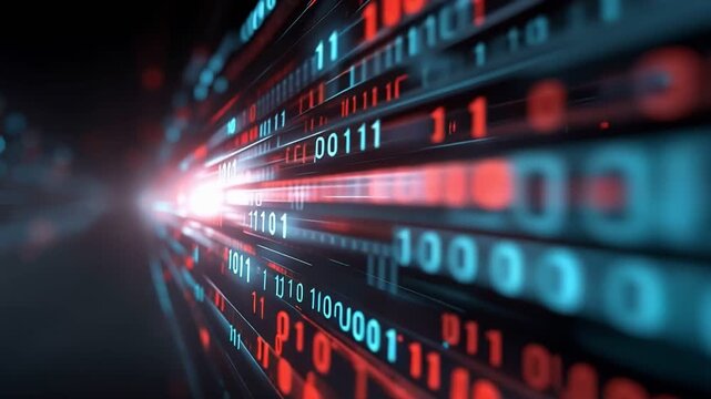 A vivid representation of binary code in motion, showcasing the rapid flow of data through a digital environment. This image captures the essence of technology and innovation.