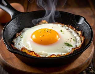 Close-up of a perfectly fried egg in a cast iron skillet. Steam rises; the egg's yolk is bright, golden