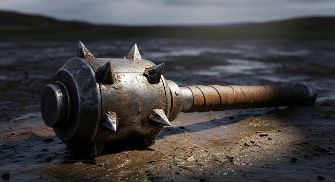 Discarded Rusty Spiked Mace Weapon on Ground