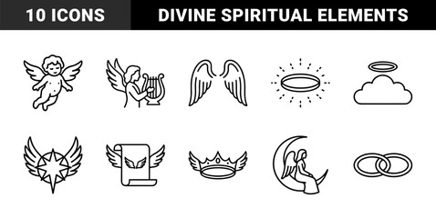 Naklejka premium Heavenly celestial elements and divine angelic symbols for religious publishing. Monoline spiritual pictograms featuring cherubs, wings, and sacred halos.