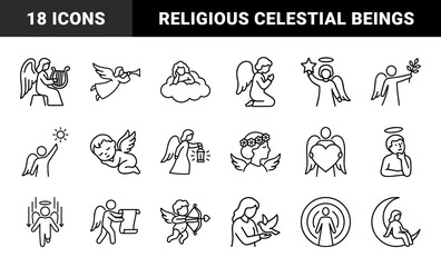 Naklejka premium Heavenly angels and cherubim line art symbols for religious education and spiritual branding. Minimalist monoline pictograms featuring celestial beings, prayer, and divine protection.