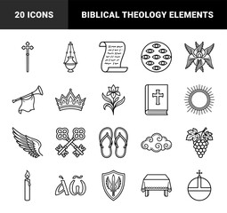 Naklejka premium Christian theology and biblical mysticism elements for religious education. Bold monoline pictograms featuring angelic seraphim, sacred scripture, and liturgical symbols.