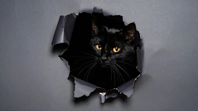 Curious black cat with bright yellow eyes looking through a jagged hole in a dark grey torn paper background