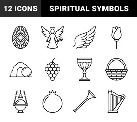 Naklejka premium Religious celebration and ecclesiastical tradition elements featuring resurrection symbols, ritual objects, and spiritual motifs in clean monolinear style.