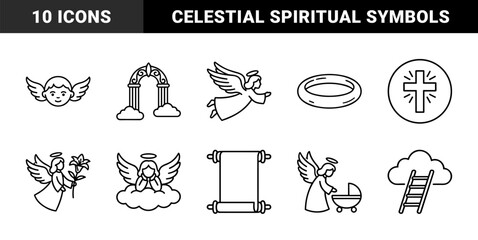 Naklejka premium Guardian angels and celestial spiritual symbols for religious storytelling. Monoline vector pictograms featuring heavenly beings, cherubs, and divine afterlife concepts.