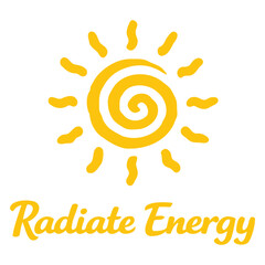 Bright and cheerful stylized sun logo with swirling rays and smiling energy design isolated illustration