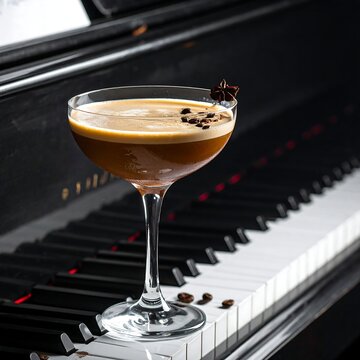 Cocktail on piano, frothy layer, star anise garnish, beans scattered