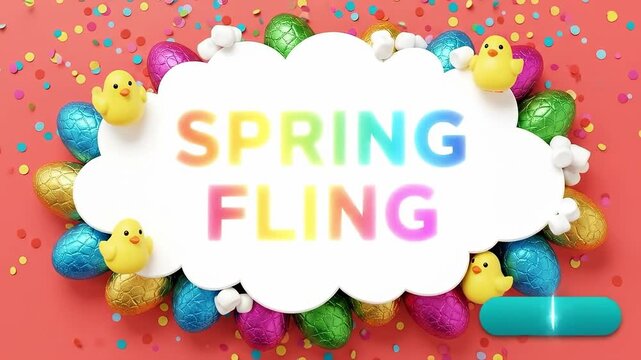Spring Fling Easter Party Invitation with Colorful Eggs and Yellow Chicks