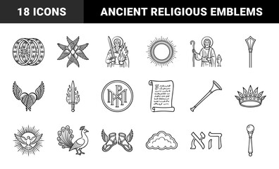 Naklejka premium Sacred religious and mythological symbols for theological study. Monolinear black and white line art featuring angelic wings, biblical figures, and ancient spiritual emblems.