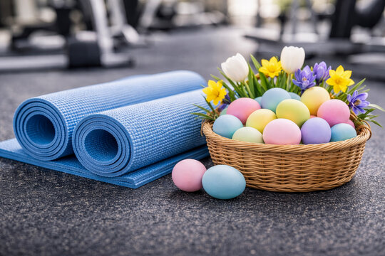 Easter eggs on yoga mat in gym with spring flowers and basket, fitness workout holiday still life, copy space for ad no.