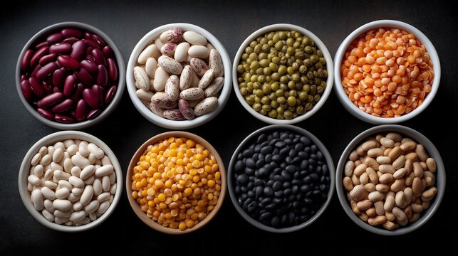 Eight bowls hold colorful legumes