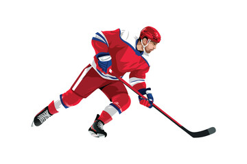 Obraz premium Ice hockey player illustration, dynamic athlete in red uniform skating fast on ice representing speed competition winter sport and professional hockey action.