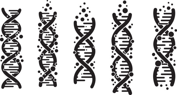 DNA double helix structures with particles on white background