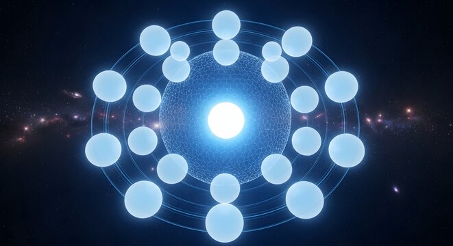 A glowing blue atomic structure with electrons orbiting a bright nucleus in a dark space background