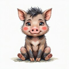 Obraz premium Pastel Spring: Adorable Baby Boar Clipart Illustration - Bristly Hair, Tiny Tusks, Rosy Cheeks, Isolated on White Background for Cute Designs