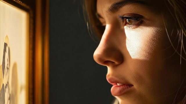 Warm light reflects on a face as attention shifts toward a framed picture in a simple room at sunset