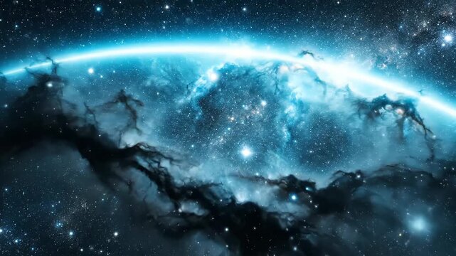 A vibrant blue cosmic nebula with countless stars and a bright glowing horizon. Dynamic interstellar cloudscape in deep outer space. Abstract galaxy background.