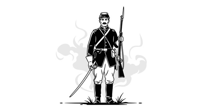 Civil War Soldier Standing with Rifle and Sword, Black and White Illustration