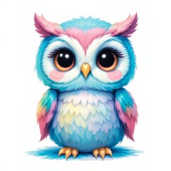 Obraz premium Pastel Spring: Adorable Baby Owl Brushstroke Clipart for Your Designs - Cute Round Eyes, Rosy Cheeks, Isolated on White Background