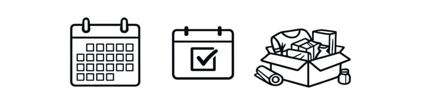 Three simple line icons showing a full monthly calendar, a date with a checkmark, and a packed box of supplies, useful for scheduling, moving, deliveries, or task planning ui