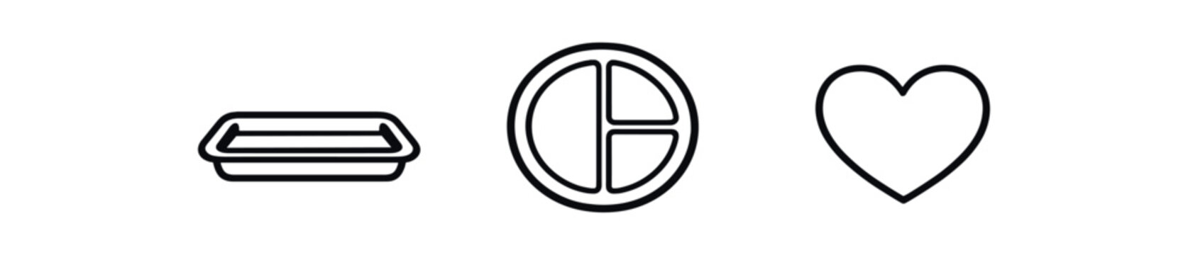 Black line icons showing a rectangular tray, a round plate with compartments and a heart symbol for portion or meal design.