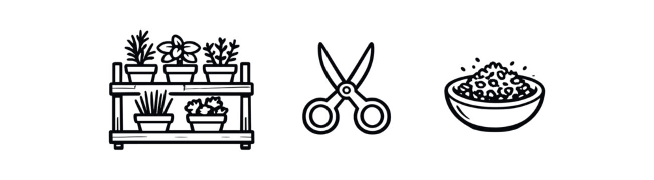 Minimal black outline icons of a shelf of potted plants, pruning shears, and a bowl of soil or fertilizer &mdash; gardening and plant care icon trio.