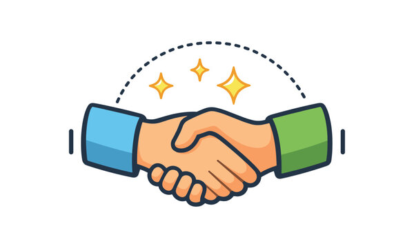 A simple, optimistic vector icon of two hands shaking, one sleeve blue and one green, with decorative sparkles, ideal for business, partnership, agreement, or trust visuals.