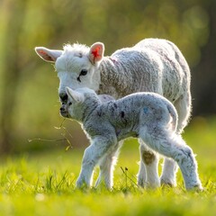 Fototapeta premium Two lambs in green field, one bending, sunlit
