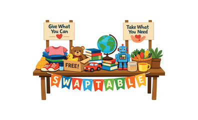 Fototapeta premium A colorful swap table scene with signs 