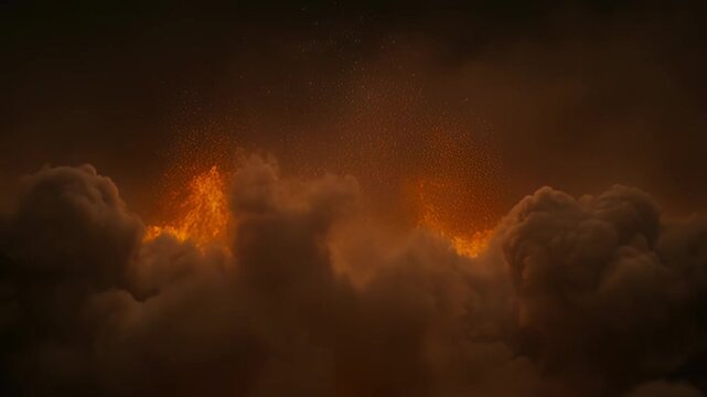 A mesmerizing display of fiery explosions amidst smoky clouds under a dark sky