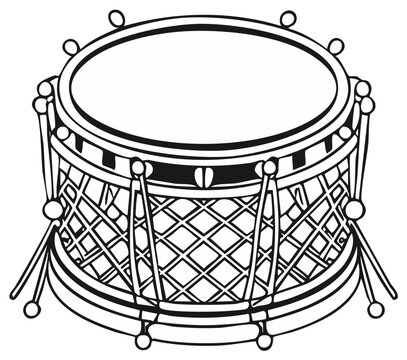 Ornate drum in black and white line art graphic. Antique percussion instrument with detailed crosshatch design illustration.