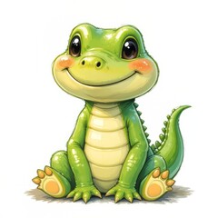 Fototapeta premium Pastel Spring Alligator Clipart: Adorable Baby Gator with Brushstroke Texture, Rosy Cheeks, Isolated on White, High-Resolution PNG for Designs
