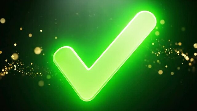 Glowing green checkmark symbol with golden particles on a dark background, suitable for success, approval, verification, completion, and positive feedback.