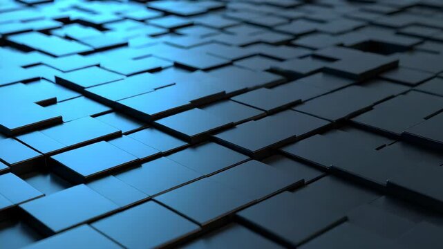 Abstract dark blue geometric pattern of shifting 3D blocks with metallic surfaces in a modern digital space