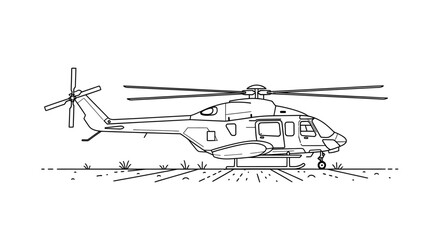 Helicopter Drawing Line Art Isolated on White Background, Aviation Vehicle Sketch
