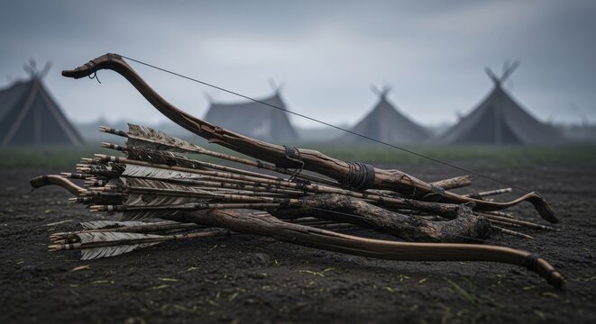 Pile of Ancient Arrows and Wooden Bows in Misty Field