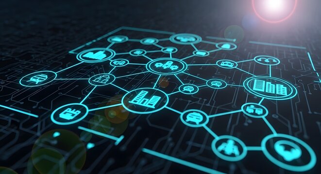 A futuristic network diagram with glowing blue lines and icons on a dark background, representing modern technology and connectivity.