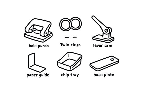 Six black outline icons with labels showing a hole punch, twin rings, lever arm, paper guide, chip tray, and base plate &mdash; made for an assembly guide or parts list.