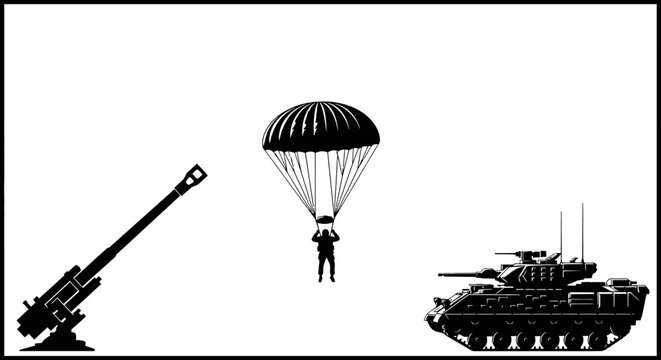Military Paratrooper, Artillery Gun, and Armored Tank Silhouette on White Background