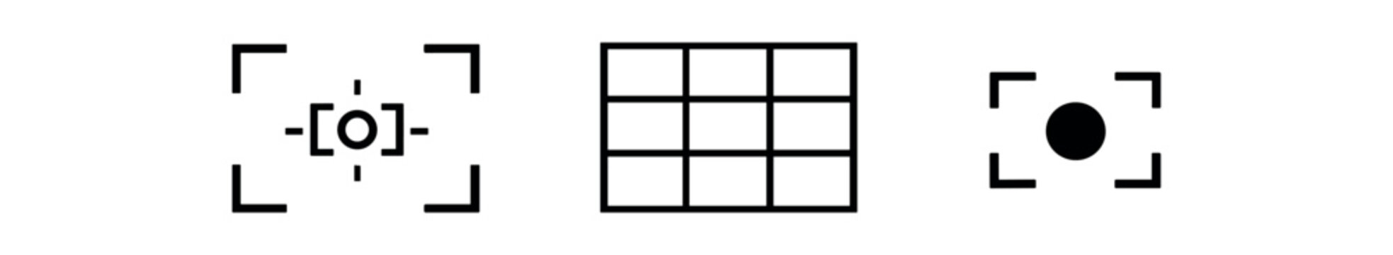 three black line icons &mdash; a camera focus frame, a rectangular grid, and a framed target dot, useful for layout, grid and camera controls