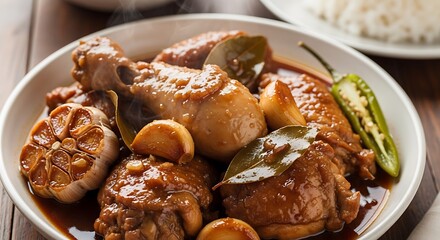 Delicious Chicken Adobo in White Bowl.