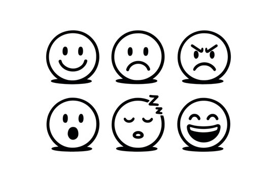 Six simple round emoji faces showing different emotions in black outline style for app icon set or ui sticker pack flat vector illustration