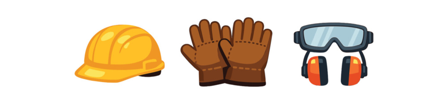 Colorful safety icons showing a yellow construction helmet, brown protective gloves, and goggles paired with orange earmuffs &mdash; ideal for safety guides, posters, or training materials.