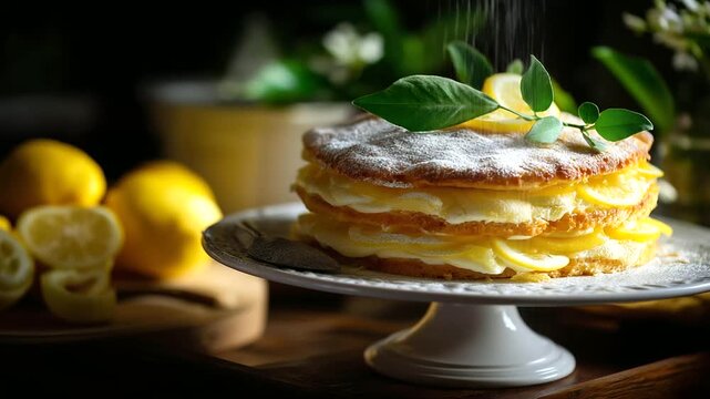 Homemade layered lemon cake display, domestic citrus dessert, artisanal pastry presentation, with copy space