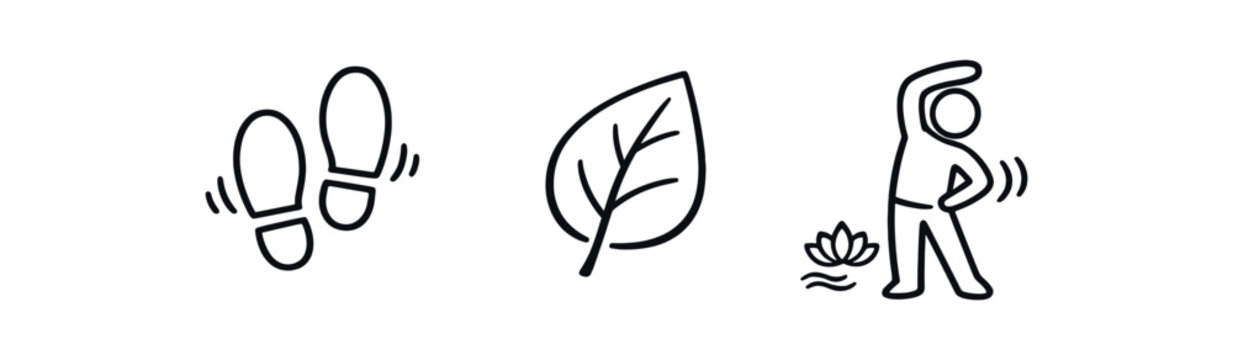 Black outline icons of footsteps, a simple leaf, and a person stretching by a small lotus&mdash;useful for fitness, eco walks, and light exercise guides.