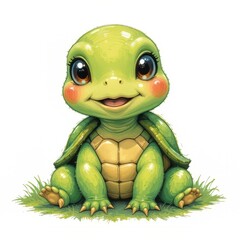 Fototapeta premium Pastel Spring Baby Turtle Clipart: Adorable Green Shell, Rosy Cheeks, Brushstroke Illustration, Isolated White Background, High-Res PNG