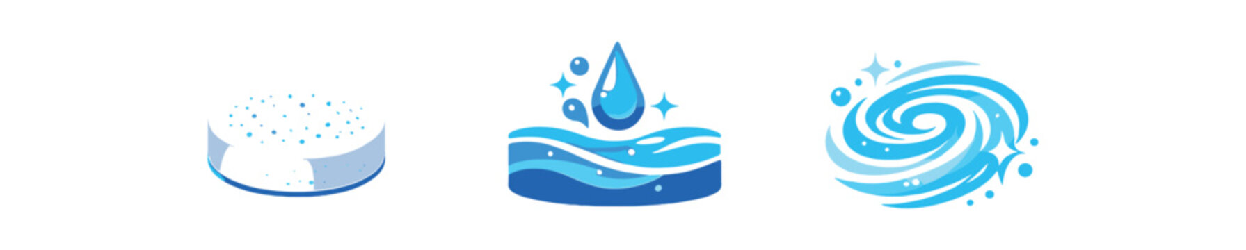 Three blue-themed flat icons: a soap bar, a droplet above stylized waves, and a sparkling water swirl &mdash; ideal for hygiene, bath, or detergent graphics.