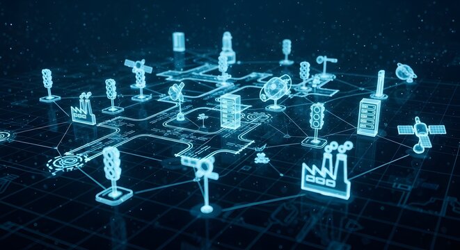 A futuristic digital illustration of a networked cityscape with various technological icons and symbols connected by glowing lines on a dark blue background.
